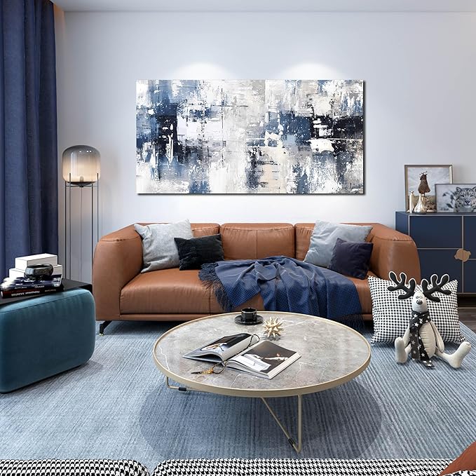 Prepeyssee White and Blue Abstract Canvas Wall Art for Living Room Bedroom Home Office Large Modern Grey Abstract Canvas Prints Picture Ready to Hang Size 24x48