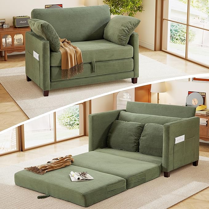 51" Loveseat Sleeper Sofa Bed, Corduroy Convertible Floor Sofa Bed for Small Spaces, Folding Couch Bed with Deep Seat, 2 Pillows & Solid Frame, Pull Out Floor Couch for Living Room, Green