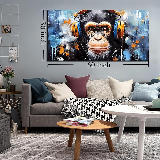 ENTANUB Monkey Wall Art for Living Room, Animal Canvas Print Painting for Bedroom, Blue Picture Decor, Size 59 x 29 Inches
