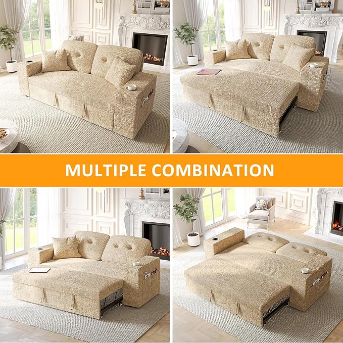 63 Inch Sleeper Sofa Bed, 4 in 1 Pull Out Couch Bed with Adjustable Backrest, Small Loveseat with Wide Armrest | USB Charging | Side Pockets | Cup Holders | Tool Free Assembly, Khaki Chenille