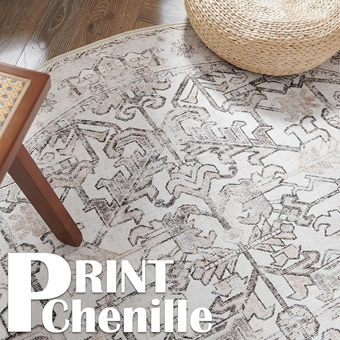 jinchan Lima Round Rug 4ft Vintage Machine Washable Area Rug Indoor Circle 4' Ultra-Thin Non-Slip Floral Print Carpet for Farmhouse Entryway Dining Room Living Room Bedroom Office (4'Round, Taupe)