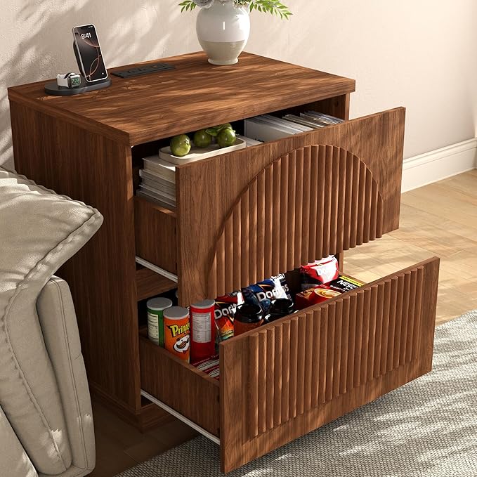 Yechen Nightstand with Drawers Set of 2, Modern Arched Reeded Wood Nightstand with Charging Station, Wooden Night Stand with Storage,Bedside End Tables for Bedroom, Walnut
