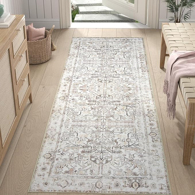 jinchan Lima Runner Rug 2x6 - Vintage Hallway Machine Washable Rug Floral Non Slip with Rubber Backing Ultra-Thin Carpet Runner for Kitchen Bedroom Laundry Room Farmhouse Entryway (2x6ft, Taupe)