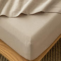 MooMee Fitted Bottom Sheet Only 100% Washed Cotton Linen Like Textured Breathable Durable Soft Comfy Deep Pocket Fits Mattress up to 17" (Taupe, Queen)