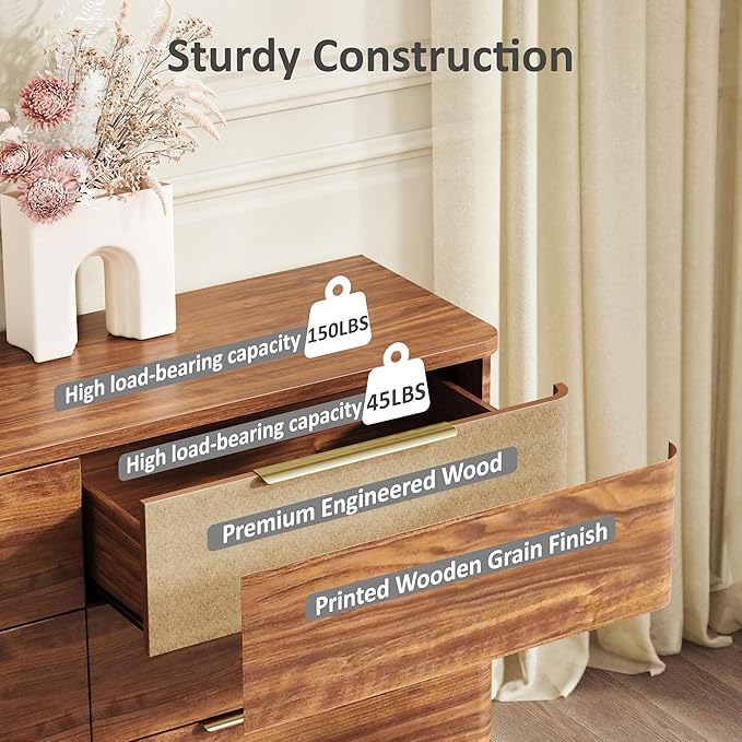 6 Drawer Dresser for Bedroom, 54" Wide Modern Chest of Drawers with Metal Handle, Curved Profile Design, Wooden Walnut Dresser Closet Clothes Storage TV Stand for Living Room, Hallway