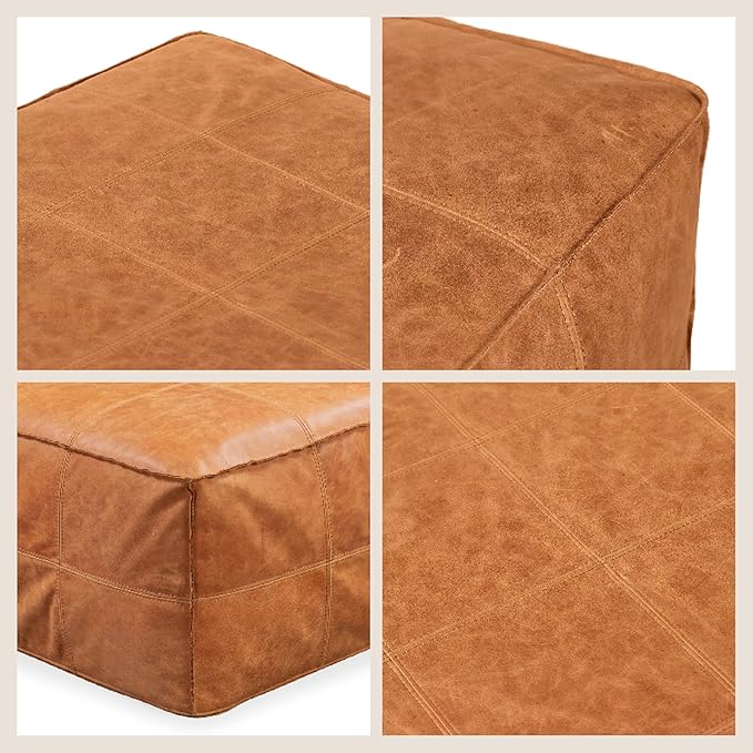 POLY & BARK Taos Ottoman – 37" Square Pouf with Feather-Down Topper – Full-Grain Leather Upholstered Pouf Ottoman for Living Room – Vintage Italian Leather in Cognac Tan