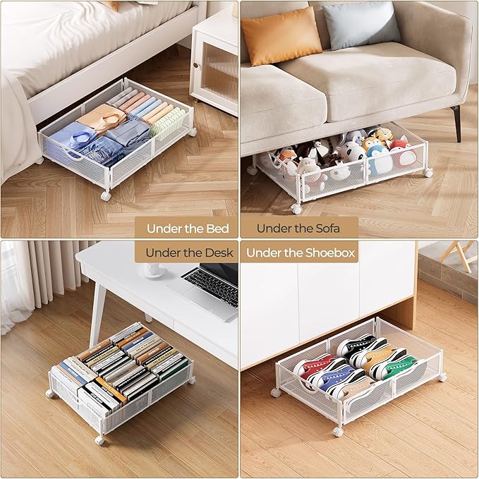 Yecaye Under Bed Storage with Wheels, 2 Pack Under Bed Shoe Storage Organizer Drawer, Tool-free Assembly Metal Underbed Storage Containers for Clothes, Shoes, White