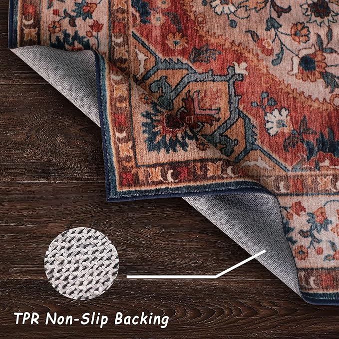 vivorug 9x12 Area Rugs for Living Room, Non Slip Machine Washable Vintage Beige Rug, Ultra-Thin Lightweight Large Area Rug for Bedroom, Dining Room, Low Pile