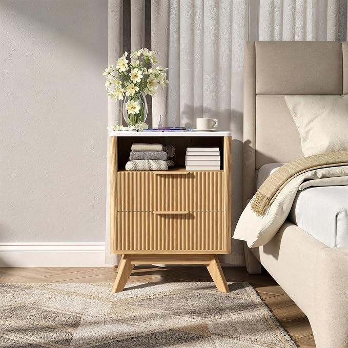 Modern Nightstand,Side Table with Charging Station,Bedside Tables with Drawer,Mid-Century End Tables Set (1-Piece),Natural Oak