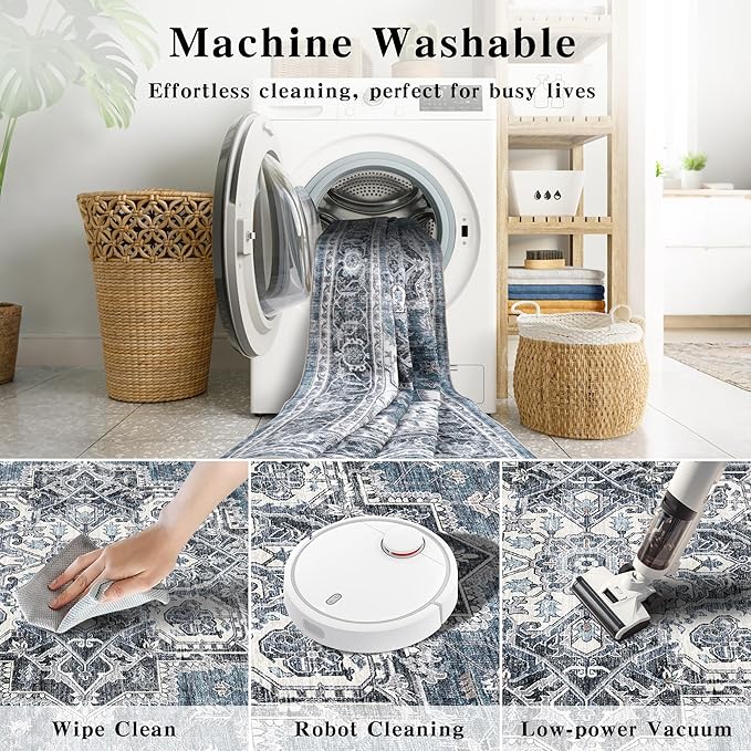 5x7 Area Rugs for Living Room Ultra-Soft Washable Rug Vintage Distressed Boho Area Rug, Non-Slip Retro Print Low Pile Stain Resistant Carpet for Bedroom Dining Room Kitchen Office