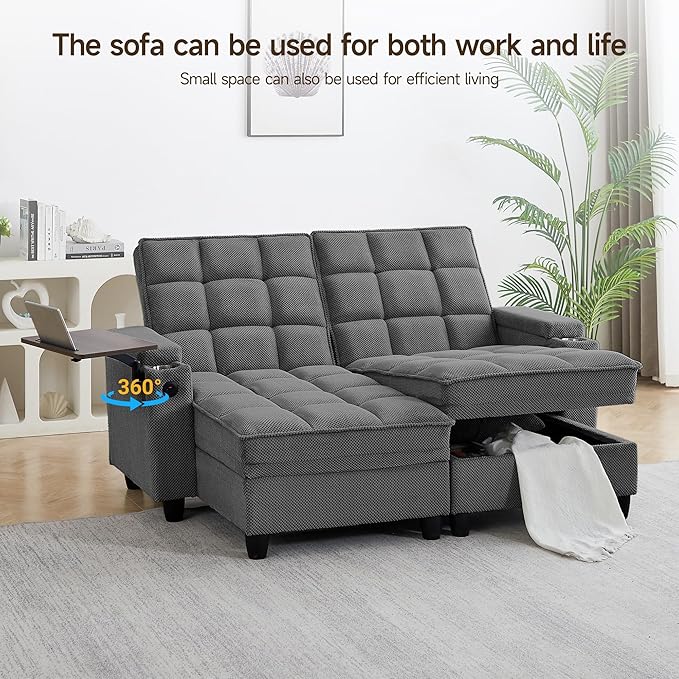 70.9" Chaise Lounge Chair Indoor, Oversized Boucle Upholstered Sofa Bed, Adjustable Backrest Deep Seat Reading Chair, Sofas Couches for Living Room with Storage, Cup Holders & 360° Swivel Side Table