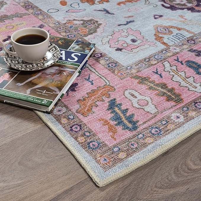 Fame Rugs Pink Beige Modern Oushak Rug 5x7, Washable Vintage Turkish Colorful Oriental Antique Inspired Area Rugs, Luxury Living Room Bedroom (390PP, 6' x 9')