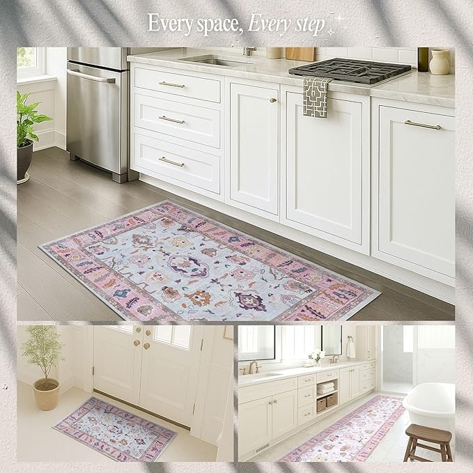 Fame Rugs Pink Beige Modern Oushak Rug 5x7, Washable Vintage Turkish Colorful Oriental Antique Inspired Area Rugs, Luxury Living Room Bedroom (390PP, 6' x 9')