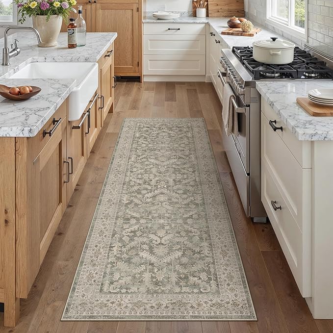 Brown 2x6 Runner Rug Vintage Area Carpet Hallway Indoor Kitchen Washable Low Pile Traditional Distressed Retro Accent Throw Rug Non Slip for Laundry Bathroom Office
