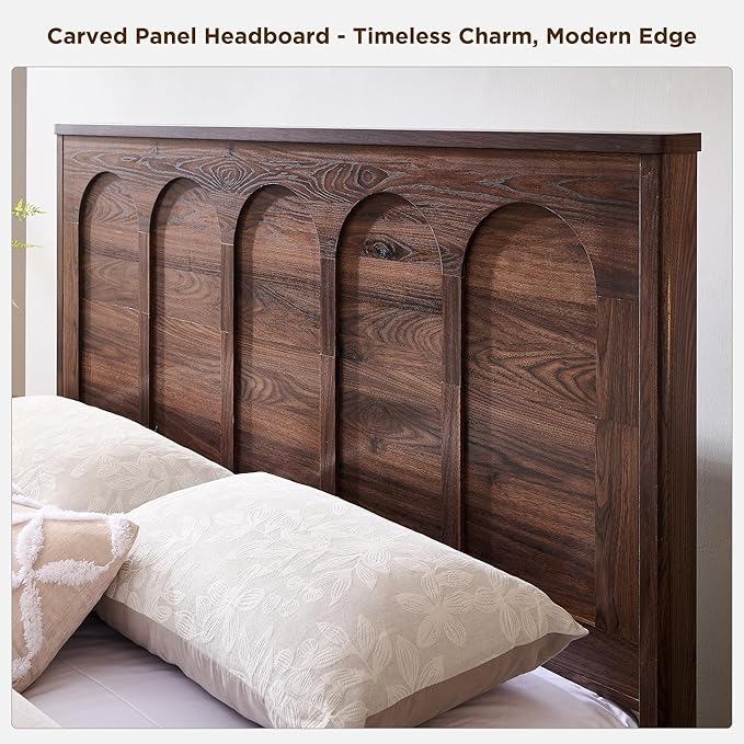 ACCOHOHO Queen Size Bed Frame Modern with 52" Tall Arched Recessed Headboard and 4 Drawers, Solid Wood Slats Support, Wood Platform, Noise Free, No Box Spring Needed, Brown