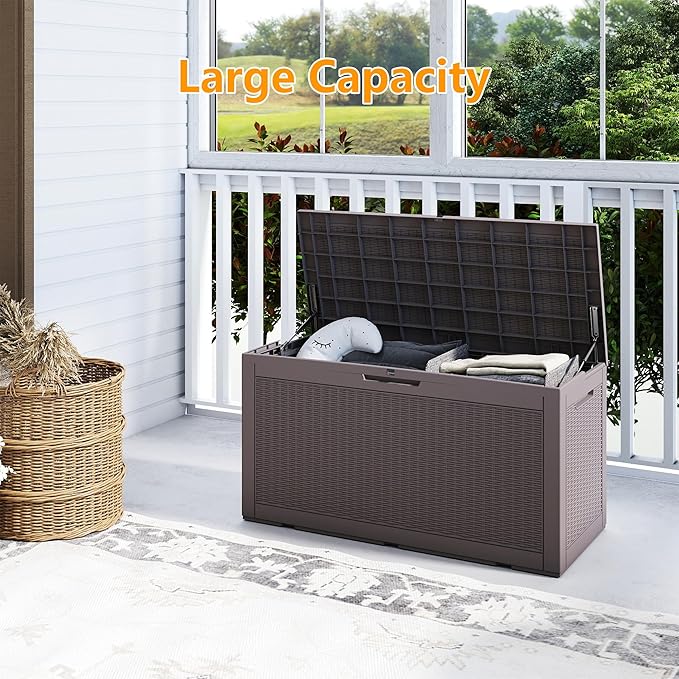 100 Gallon Outdoor Storage Box Waterproof, Resin Deck Boxes with Lockable Lid & UV-Resistant for Patio, Pool, Garden Furniture Cushions & Accessories, Coffee