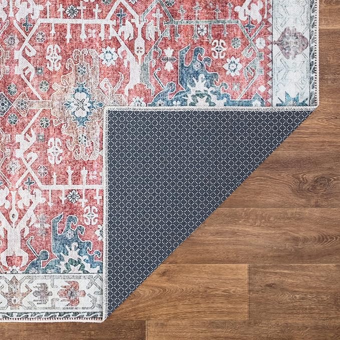 Bloom Rugs Washable Non-Slip 12 ft Runner - Red/Blue Traditional Runner for Entryway, Hallway, Bathroom, and Kitchen - Exact Size: 2.5' x 12'