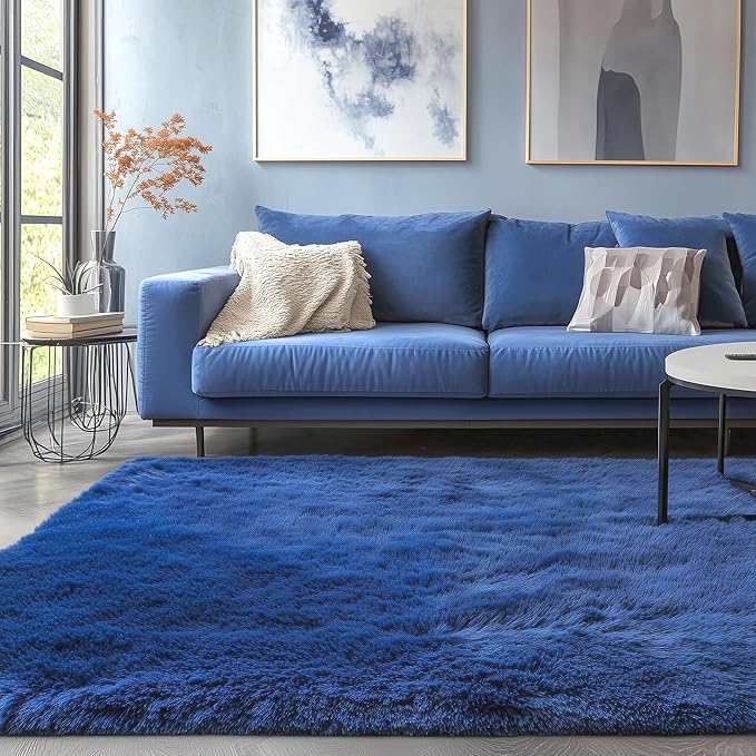PAGISOFE Blue Rug 4x6 Ft Fluffy Shag Rugs for Bedroom Soft Fuzzy Shaggy Blue Rugs for Living Room Carpet Nursery Floor Boys Room Dorm Rug Kids Playroom Navy Area Rug Teen Home Decor