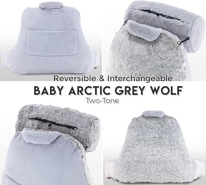 Husband Pillow Medium Rare Baby Arctic Grey Wolf Backrest, 2-Tone Reversible Double Sided Fabulous Faux Fur Reading & Bed Rest Pillow with Arms & Neck Roll, Adjustable Memory Foam - Extremely Comfy