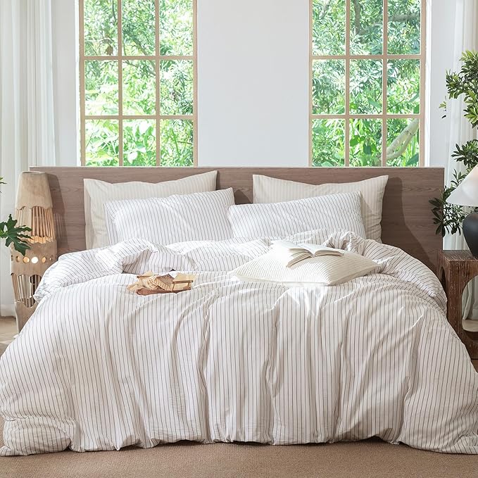 MooMee Striped Duvet Cover Set 100% Washed Cotton Linen Like Textured Breathable Durable Soft Comfy (White Orange Wide Stripes, Cal King 104"x98")