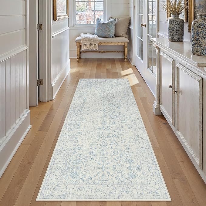 3x8 Blue Runner Rug Hallway Non Slip Kitchen Vintage Distressed Long Carpet Indoor Machine Washable Retro Floral Bedroom Accent Throw Rug for Office Laundry Bathroom Dining Living Room