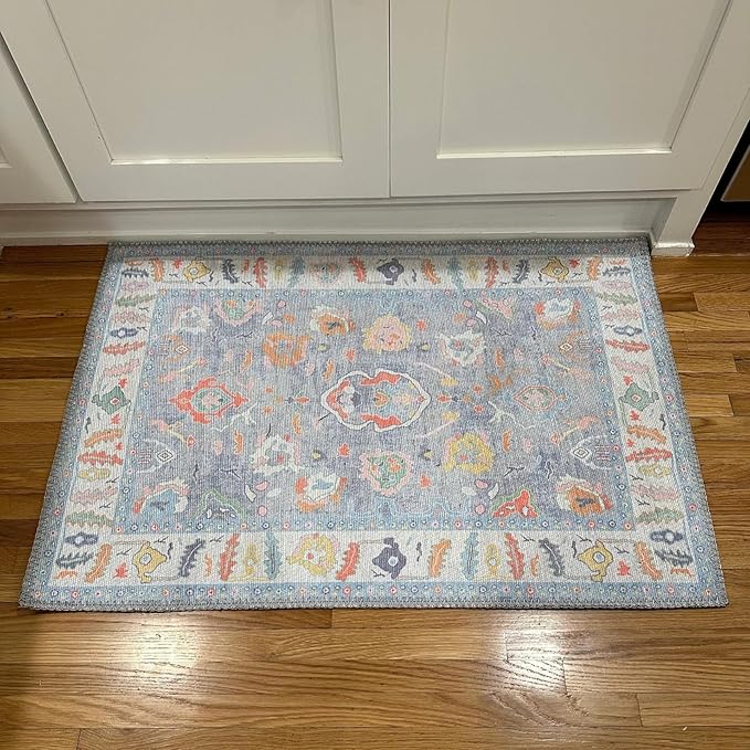 Fame Rugs Blue Modern Oushak Rug 2x3, Vintage Doormat Turkish Colorful Oriental Antique Inspired Washable Small Area Rug, Luxury Living Room Bedroom (381LB, 2' x 3')