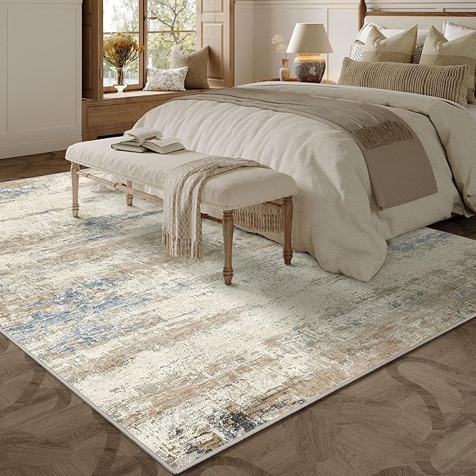 5x7 Area Rug Living Room Bedroom Carpet Washable Abstract Neutral Modern Beige Brown Accent Rug Dining Non Slip Low Pile Soft Thin Indoor Office Floor Throw Kitchen Contemporary