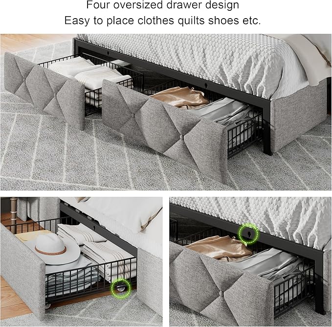 Feonase Queen Bed Frame with 4 Storage Drawers, Upholstered Button Tufted Storage Headboard with Fast Charging Station, Heavy Duty Slats Support, No Box Spring Needed, Noise-Free, Light Grey