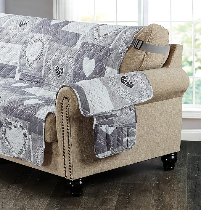 Brilliant Sunshine Grey Heart Love Patchwork Couch Armrest 5 Pockets Organizer, Slip Resistant Armchair Caddy, Washable Remote Controls Holder, Storage for Magazine, Tablet, Phone, 35×13", Grey White