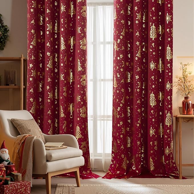 NICETOWN 2 Panels Christmas Curtains W52 x L84 in, Gold Foil Christmas Tree Printed Thermal Insulated Curtains, Xmas Theme Holiday Decor for Bedroom Living Room, Xmas Gifts Drapes, Burgundy Red