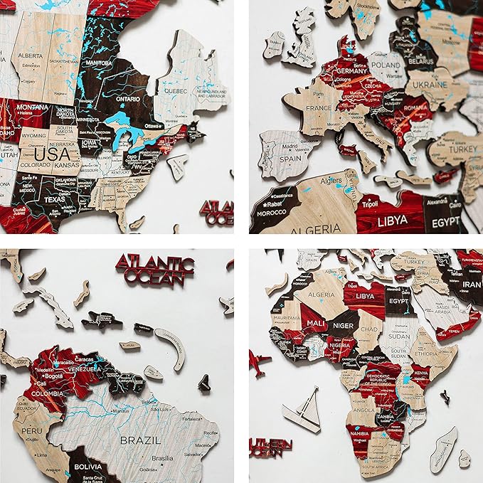 Handmade 3D Wood World Map Wall Art Large Wall Decor Track Your World Travels - Special for Home, Kitchen and Office (Large, Urban)