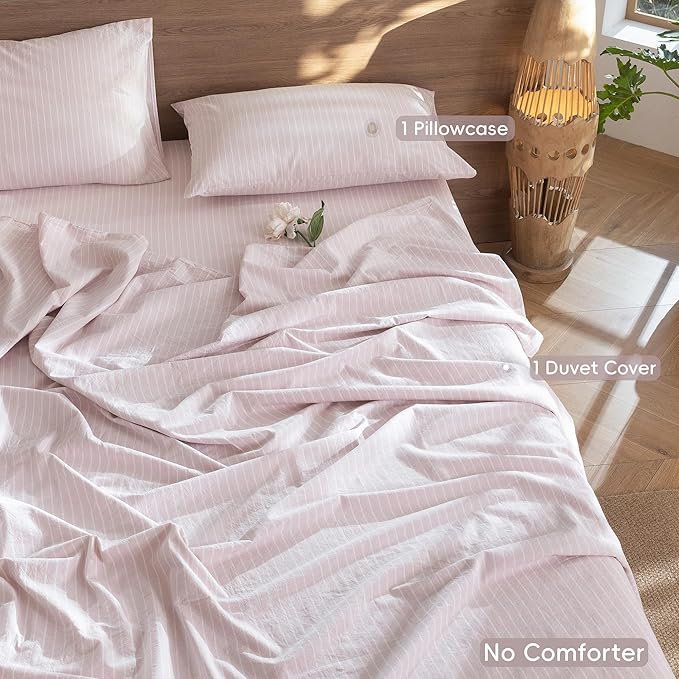 MooMee Striped Duvet Cover Set 100% Washed Cotton Linen Like Textured Breathable Durable Soft Comfy (Heathered Greyish Pink White Wide Stripes, Twin 68"x90")