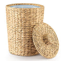 4 Gallons Wicker Waste Basket - Water Hyacinth Bathroom Garbage Can with a Lid - Bathroom Trash Can Boho Style - Wicker Trash Can with Lid for Household, Kitchen - Removable Liner, Iron Frame
