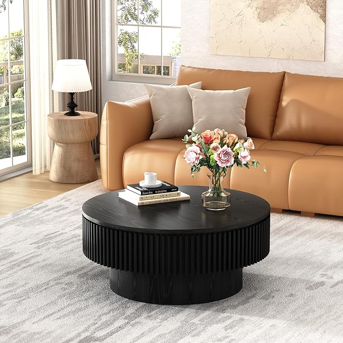 LKTART Round Coffee Table for Living Room, Accent Fluted Drum Coffee Table with Storage, Modern Solid Wood Veneered Circle Center Tea Table for Small Space Apartment (31.5''D×14''H-Black)