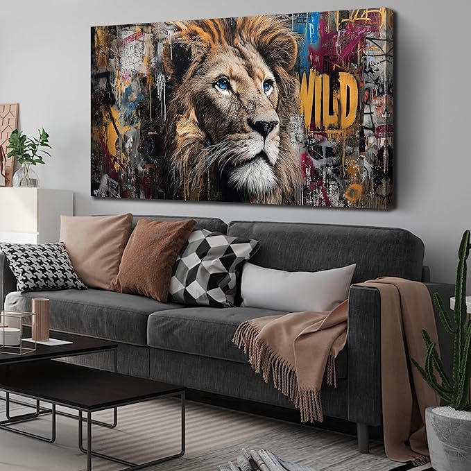 JuhaiArt Brown Wall Art Lion Artwork Graffiti Wall Decor Animal Canvas Art for Living Room Bedroom Home Office Prints Colorful Large Picture 29" x 59"