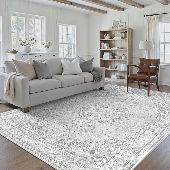 Grey 6x9 Area Rug Washable Vintage Carpet for Living Room Bedroom Large Soft Retro Floral Low Pile Thin Indoor Rug Non Slip Central Medallion Floor Cover for Dining Room Office