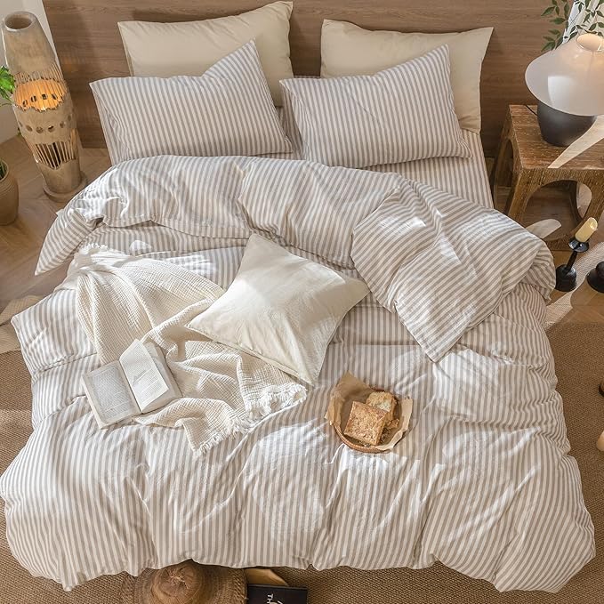 MooMee Striped Duvet Cover Set 100% Washed Cotton Linen Like Textured Breathable Durable Soft Comfy (Tannish Linen Grey White Classic Stripes, Full 80"x90")