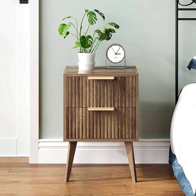 YAUKOMEL Mid Century Modern Nightstand,Small Bedside Table with 2 Drawers,Fluted Side Table,Walnut Brown End Table for Living Room,Bedroom,Small Space,Caramel Oak 11.8" D x 16" W x 22.4" H CTG55BR