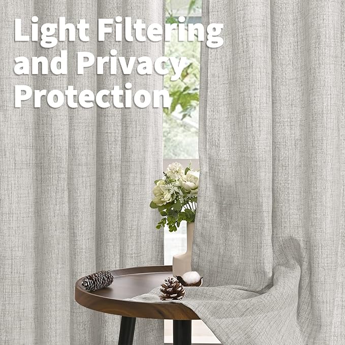 YoungsTex Light Grey Linen Curtains 48 Inch Length, Short Light Filtering Drapes Semi Sheer with Bronze Grommet Lightweight for Bedroom Living Room Windows, 42 x 48 Inch, 2 Panels
