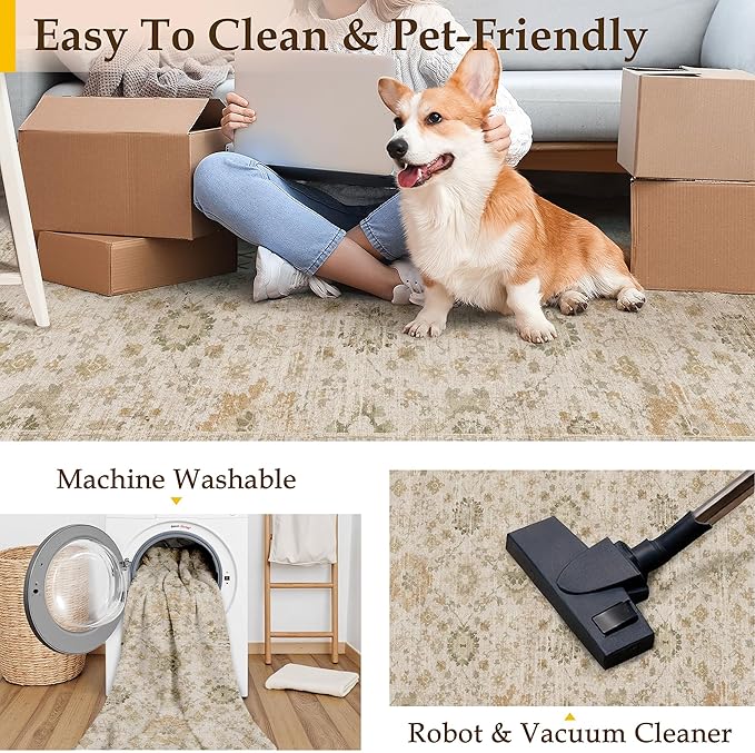 Beige 8x10 Area Rug Non Slip Large Vintage Living Room Distressed Machine Washable Retro Carpet Indoor Bedroom Traditional Floral Accent Throw Rug for Office Kitchen Dorm Dining Room