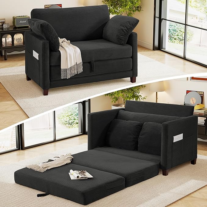 51" Loveseat Sleeper Sofa Bed, Corduroy Convertible Floor Sofa Bed for Small Spaces, Folding Couch Bed with Deep Seat, 2 Pillows & Solid Frame, Pull Out Floor Couch for Living Room, Black