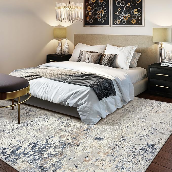 Area Rug Living Room Rugs - 9x12 Abstract Large Soft Indoor Washable Rug Neutral Modern Low Pile Carpet for Bedroom Dining Room Farmhouse Home Office - Beige Blue