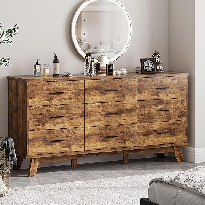 Dresser for Bedroom, 9 Drawer Wide Modern Chest of Drawers with X-Shaped Sturdy Base, Wood Double Dresser Closet Clothes Storage Organizer, Wooden TV Stand for Living Room, Hallway, Brown