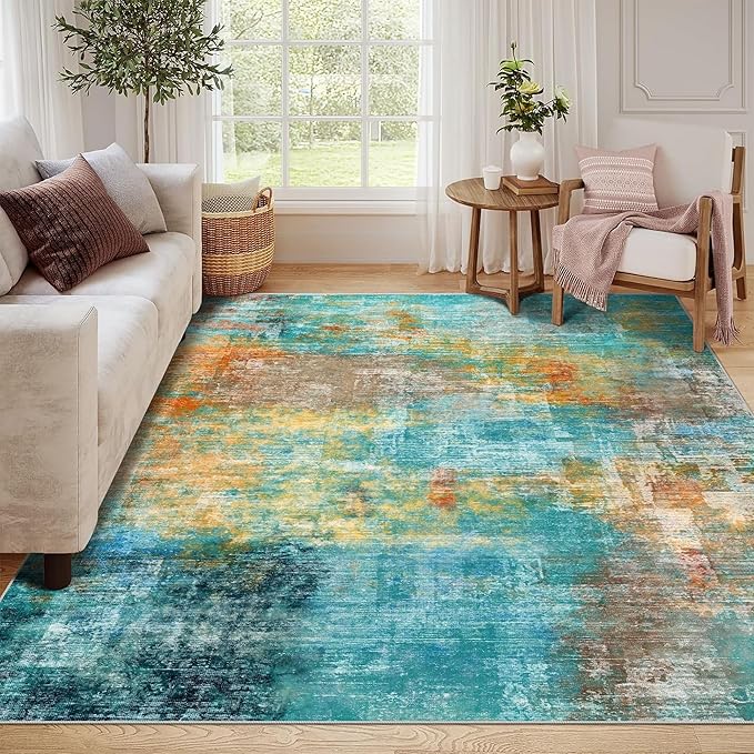 5x7 Area Rugs - Ultra-Thin Washable Rug with Non-Slip Backing, Ideal for Living Room, Bedroom, Kitchen Floor Carpet - Modern Abstract Style, Easy Clean, Durable, Low Pile Rug, Rosy Clouds