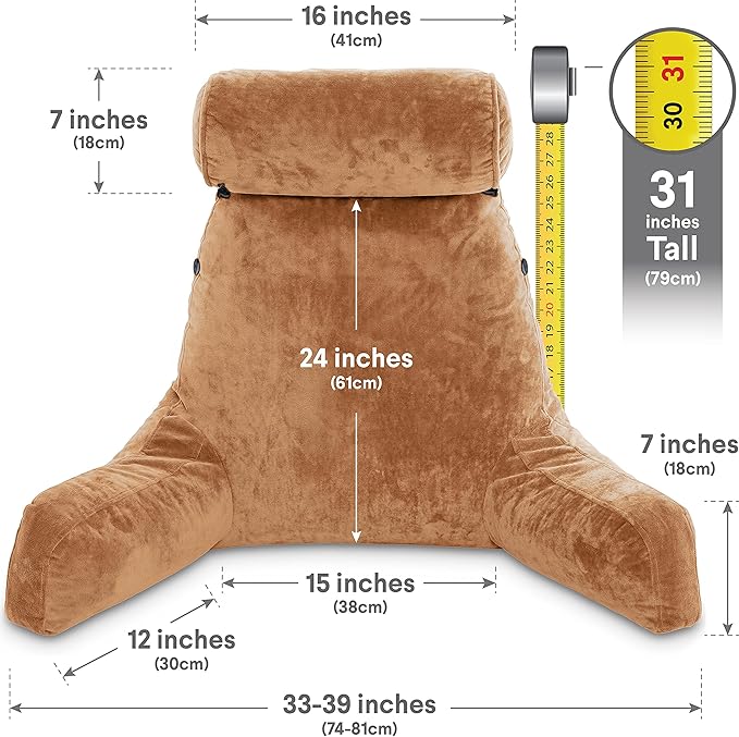 Husband Pillow XXL – Reading Pillow Bed Chair with Arms & Back Support – Tan - Back Pillow for Beds Sitting Up – Bed Rest Arm Pillow – Comfy Reading Pillow for Adults