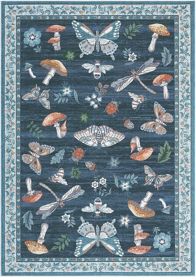 Area Rugs 4x6 Non-Slip Washable Carpet - Mushroom Soft Low-Pile Stain Resistant Foldable Rug for Nursery Kitchen Bedroom Living Room Entryway Indoor Mat with Rubber Back Blue