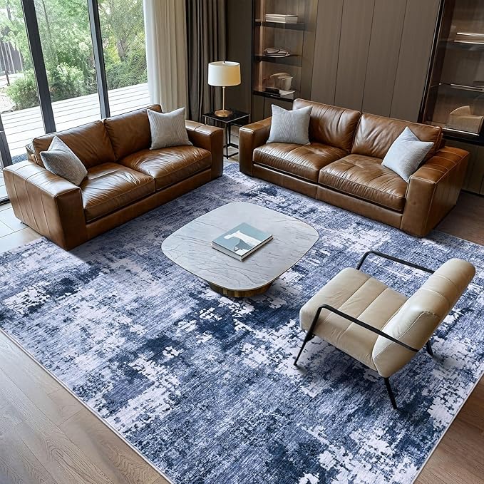 Area Rug Living Room Rugs - 6x9 Washable Large Soft Indoor Neutral Modern Abstract Low Pile Rug Carpet for Bedroom Dining Room Farmhouse Home Office - Navy Blue