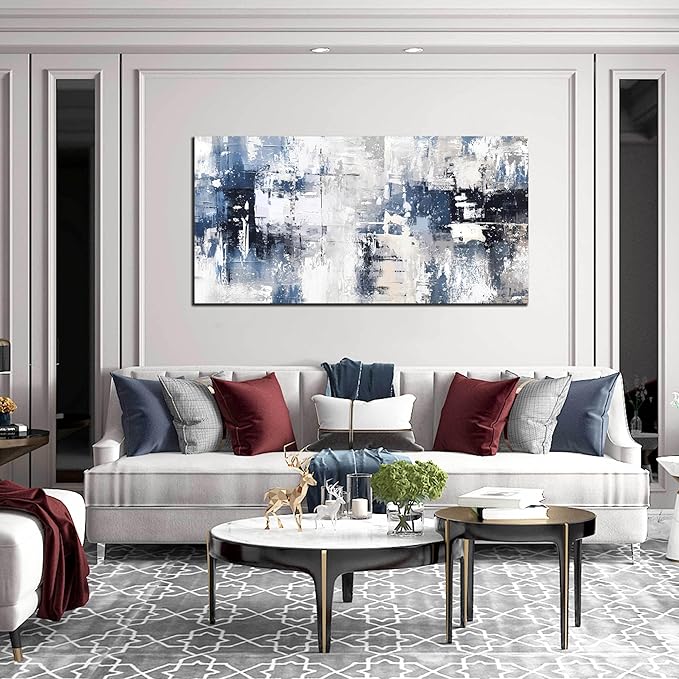 Prepeyssee White and Blue Abstract Canvas Wall Art for Living Room Bedroom Home Office Large Modern Grey Abstract Canvas Prints Picture Ready to Hang Size 24x48
