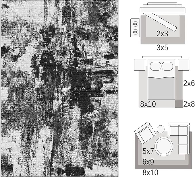 Area Rugs 8x10, Modern Abstract Machine Washable Rugs for Living Room Thin Carpet Indoor Floor Non-Shedding Carpets for Bedroom Dining Room Farmhouse Home Office | Black White