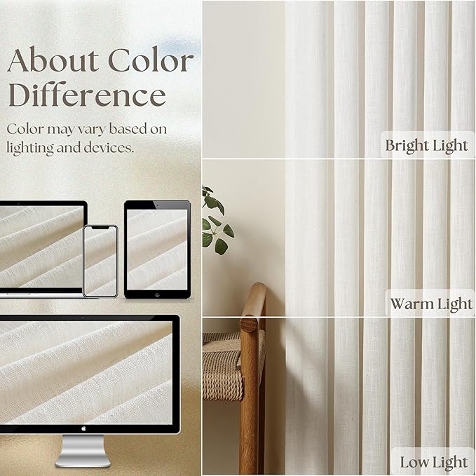 Extra Long Pinch Pleated 132 Inch Linen Curtains 2 Panels Set for High Ceiling Living Room Bedroom Memory Shaped Semi Sheer Pleat Drapes with Hooks Rings Light Filtering Natural Window Curtain 40x132